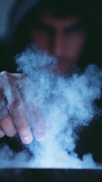 Magic-wielding figure conjures ethereal mist, evoking Samhain mystery, Halloween enchantment, or cryptic solstice ritual