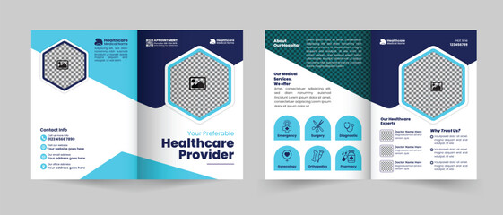 Healthcare service bifold brochure design or Medical, hospital, clinic, and diagnostic center promotion brochure template, Multipurpose template with cover, back, and inside pages layout