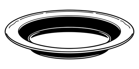 Illustration of a shallow bowl with a wide rim and a dark interior space in black and white style