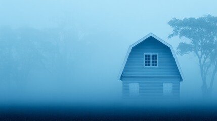 Misty blue barn mystery enveloped in morning haze, capturing ethereal solitude, Samhain whispers, cozy autumn seclusion vibe