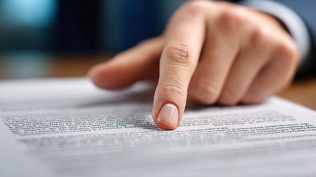 A close-up of a hand pointing at text on a document, emphasizing details or important information.