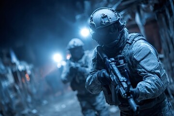 Group of equipped soldiers advancing through dark urban environment at night using tactical flashlights and holding assault rifles, performing a dangerous military operation