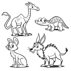 desert-animals-friendly-cartoon-characters-collection of coloring page vector illustration