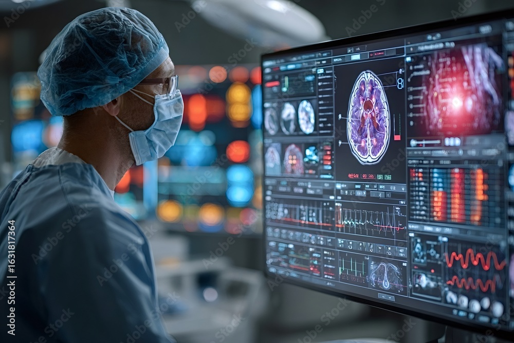 Wall mural professional doctor wearing surgical mask and cap is using high tech computer monitor showing brain 
