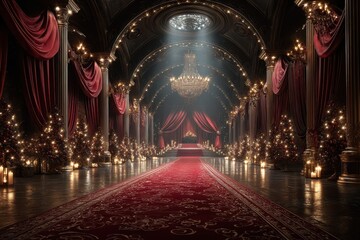 Elegant hall decorated for a grand festive celebration with lavish lights and Christmas trees