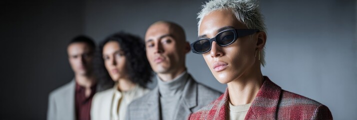 ```markdownUnapologetically avant-garde, a diverse group in muted elegance captures retro-futurist vibes, echoing Fashion Revolution Day's spirit```