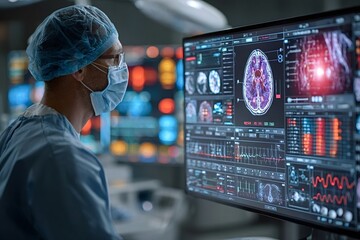 Professional doctor wearing surgical mask and cap is using high tech computer monitor showing brain scan and vital signs data in modern operating room
