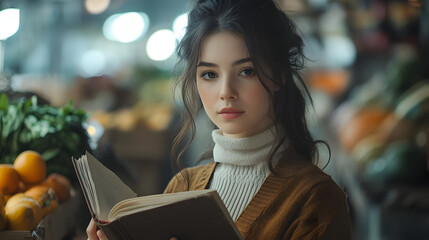 Woman Reading Book in Market Illustration