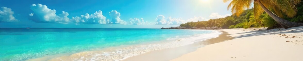 Obraz premium Sun-drenched beach scene, turquoise water laps gently at the shore, vibrant sky overhead Perfect for summer holiday promotions and travel websites , palm trees, fun
