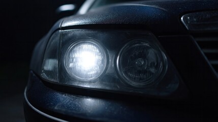 Dew-kissed car headlight beams through the nocturnal murk, evoking Diwali lanterns and Beltane night journeys in enigmatic elegance