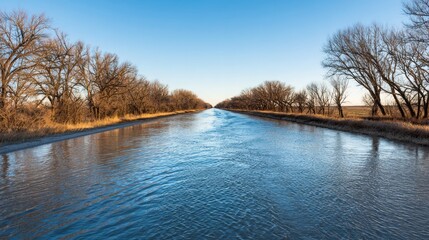 Serene river stretching infinitely under cerulean sky evokes introspective calmness, echoing themes of World Rivers Day and Zen meditation