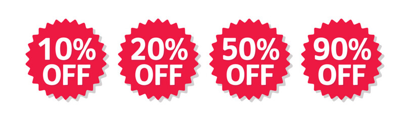 Red Discount Sale Tags with Percentage Off, 10, 20, 50, and 90 Percent Off Vector Icons.