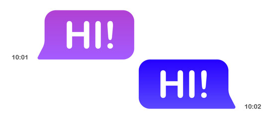 Messaging interface icon. Two gradient speech bubbles with HI text, one emoji with heart face, one thumbs-up, timestamps on each side, white background.