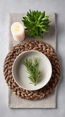 Ethereal rosemary sprig in rustic setting, inviting tranquility, Hygge-inspired retreat, invoking Candlemas coziness and Earth Day harmony
