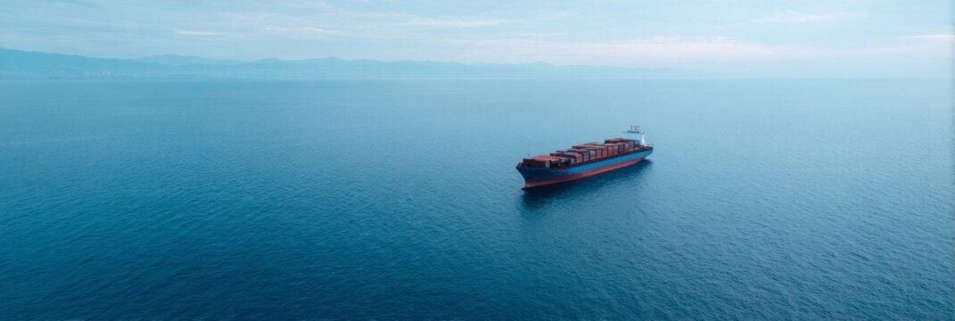 Vast cargo ship sails solitary azure expanse, whispers of global commerce dance with World Maritime Day and oceanic mythology