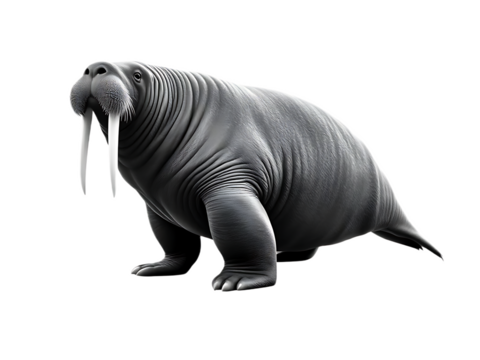 An imposing wild rhinoceros, a large grey pachyderm, isolated on a white background