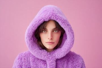 Porcelain-skinned woman in lavender faux-fur hoodie, whimsical chic for Wear Purple Day, ethereal winter solstice allure