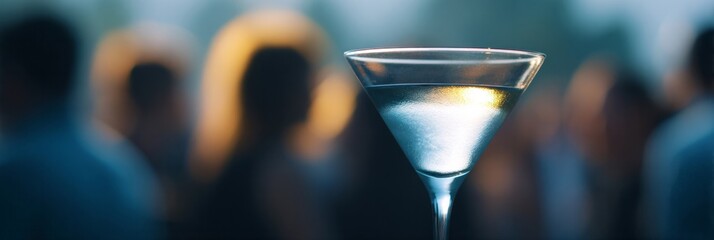 Chilled martini glass glistens amid blurred social soiree, exuding cocktail elegance for World Martini Day festivities