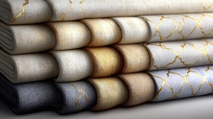 Stacked fabric swatches in various colors and patterns