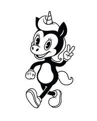 Happy smiling unicorn mascot walking and making a V-sign gesture. Black and white retro cartoon style vector illustration.