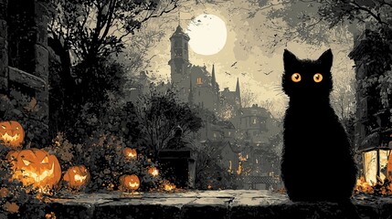 Halloween night with black cat, pumpkins, and spooky castle under full moon.
