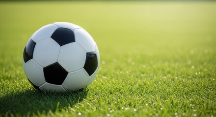 Fototapeta premium Classic black and white soccer ball rests on lush green grass under soft sunlight