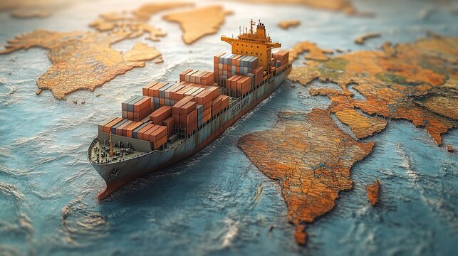 A container ship sails across a world map, highlighting global trade routes and international shipping