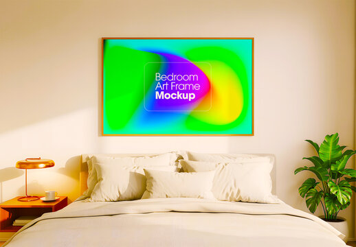 Modern Bedroom Art Frame Mockup Over Bed