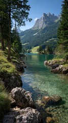 Crystal-clear alpine lake, rocky shore, towering peaks