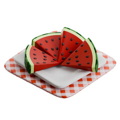 Juicy 3D slice of watermelon placed on a checkered cloth, representing fresh fruit served during summer picnics or outdoor meals.