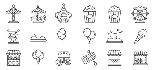 Black and white outline illustrations of amusement park rides and carnival icon set