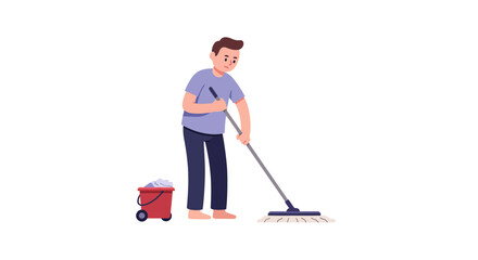 Young man cleaning the house, mopping the floor with a bucket of soapy water. Isolated vector character illustration of household chores.