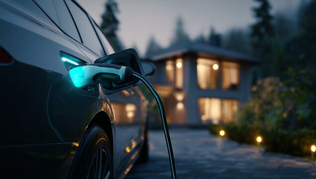 Close-up of Electric Car Charging at Home at Dusk with Shallow Depth of Field - Green Energy Concept - Powered by Adobe