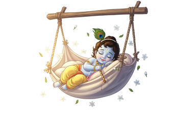 Illustration of Baby Depicted on a Hammock with Traditional Elements
