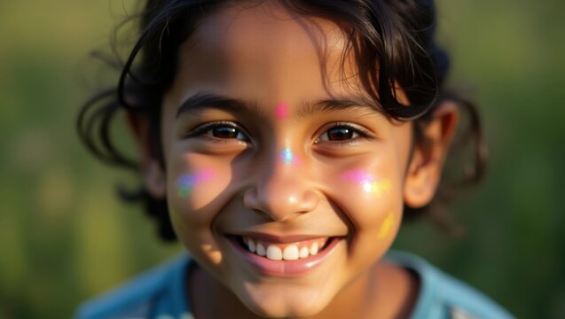 Primer plano de una adolescente del sur de Asia sonriente con piel clara y una sutil luz de arco&iacute;ris reflejada en sus mejillas