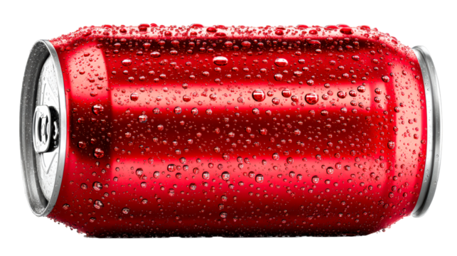 Red beverage can with water droplets on transparent background