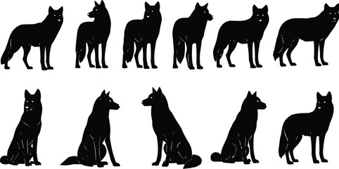 Black wolf silhouette vector set, standing and sitting wild wolves, forest animal icon collection, wildlife graphic, predator illustration design