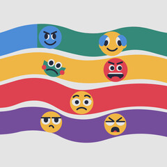 Multicolored wavy lines with expressive faces in superflat vector style – Ideal for diversity in emotion, digital culture themes, or kids' visual content