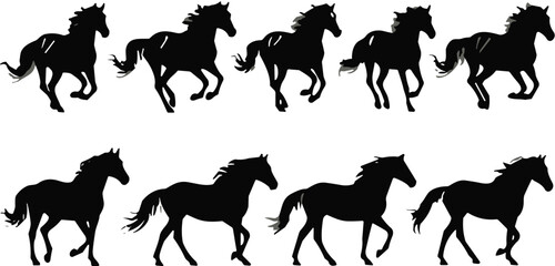 Running horse silhouette vector set, galloping stallion black icon, wild animal graphic, motion illustration, equine art, farm design element