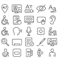 A comprehensive set of accessibility icons designed in a minimalist black-line style, encompassing various aspects of usability for those with disabilities.