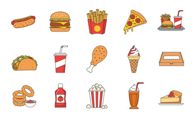 Set of Fast Food and Junk Food Vector Icons with Burgers, Pizza, Fries, and Desserts.