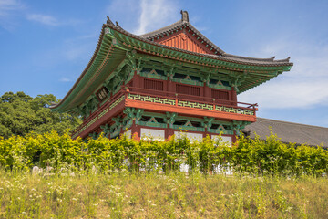 Obraz premium View of the surrounding area and entrance to the ancient Wolcheongyo Bridge built during the Silla Dynasty (676-935). Gyeongju, South Korea