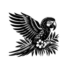 Illustration of a parrot isolated on white background in black ink style