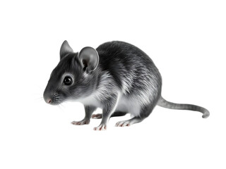 A cute small gray pet rat, a mammal of the rodent family, looking at the camera with its tail behind it on a white background