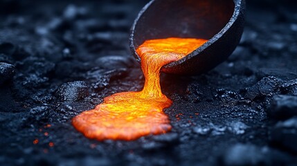 Molten metal pouring from a crucible onto dark charcoal, creating fiery stream and texture contrast