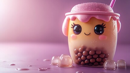 Adorable cartoon-like boba tea with cute face, pink details, ice cubes, and a straw