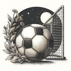 Black and White Engraving of Football and Goalpost – Retro Sports Theme.
