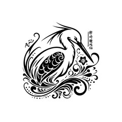Obraz premium Vector art of elegant heron bird isolated on white background in black and white style
