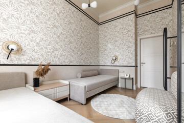 Modern Guest Room with Neutral Palette and Soft Light