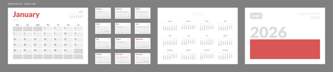 2026 Calendar Planner Set of Template grid Monthly Page, Cover with Place for Photo, Company Logo, Annual 2027. Vector layout of wall or desk organizer calend with week start Monday in print. Pages A4